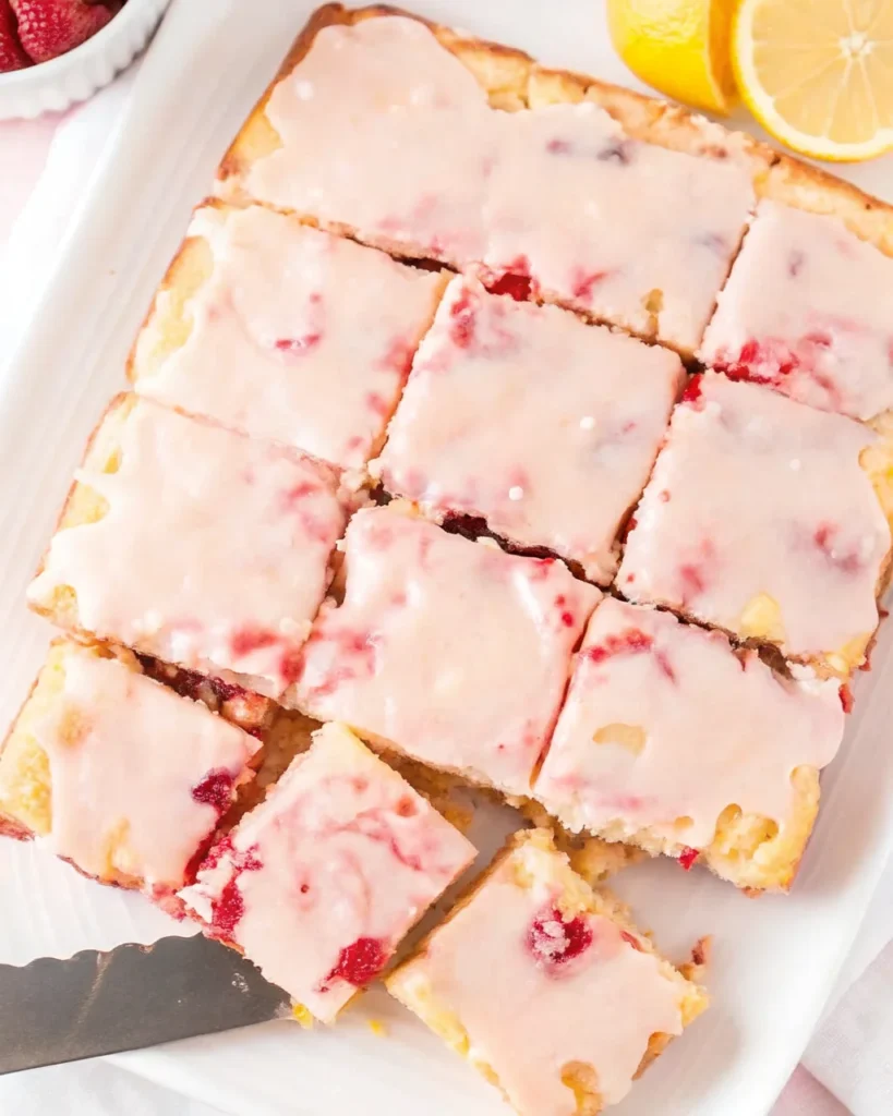 Two stacked Strawberry Lemon Blondies topped with a lemon glaze, filled with chunks of fresh strawberries, served on a white plate.