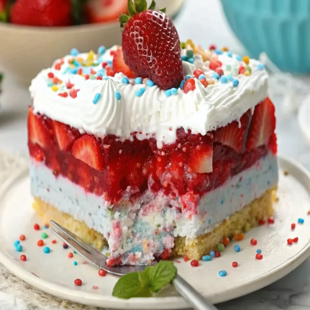 Colorful layered summer berry jello lasagna dessert with fresh blueberries, strawberries, and whipped cream, perfect for summer desserts.