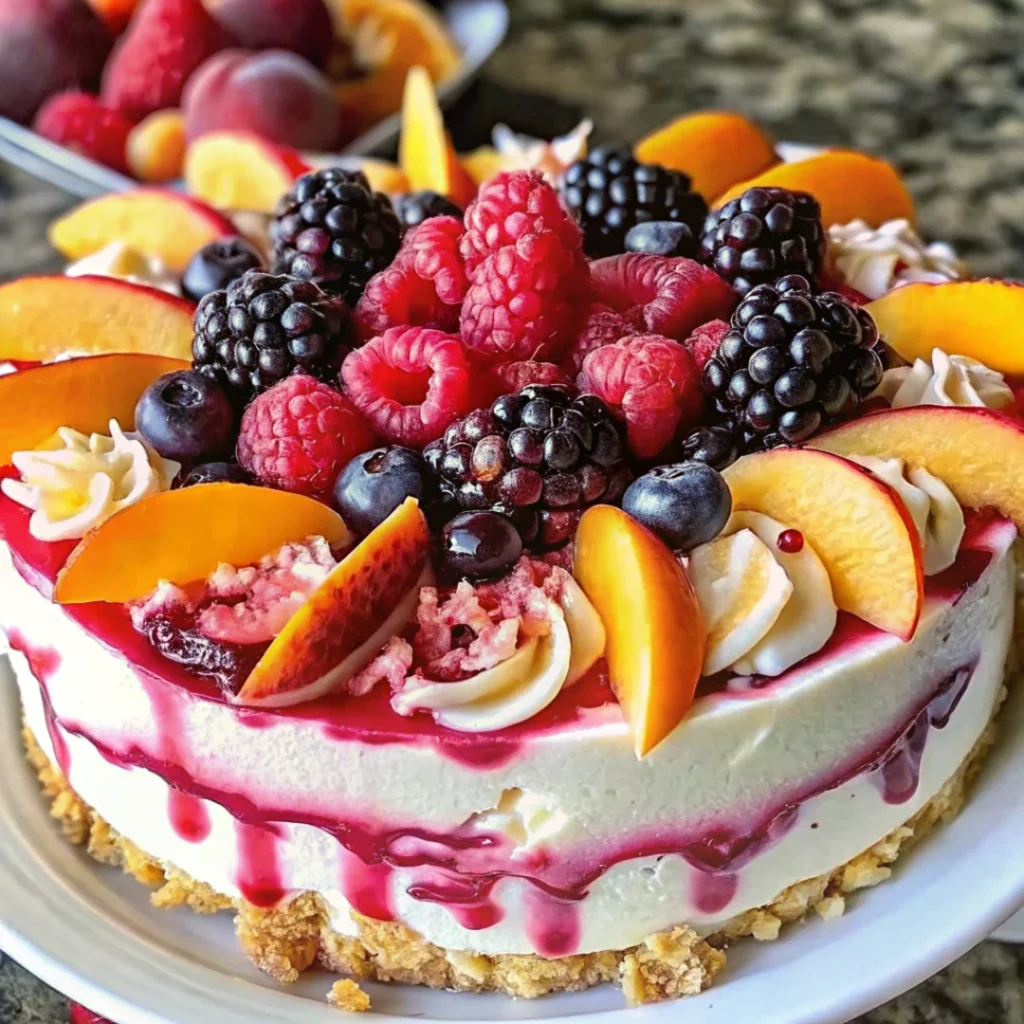 A vibrant fruit cheesecake topped with fresh raspberries, blackberries, blueberries, and peach slices, with raspberry sauce and a graham cracker crust.