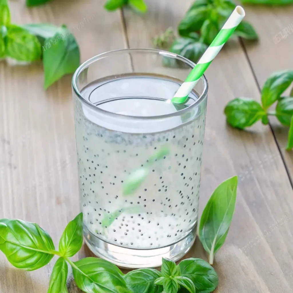 Basil seed drink in clear glass with green striped straw and fresh basil leaves on wooden background