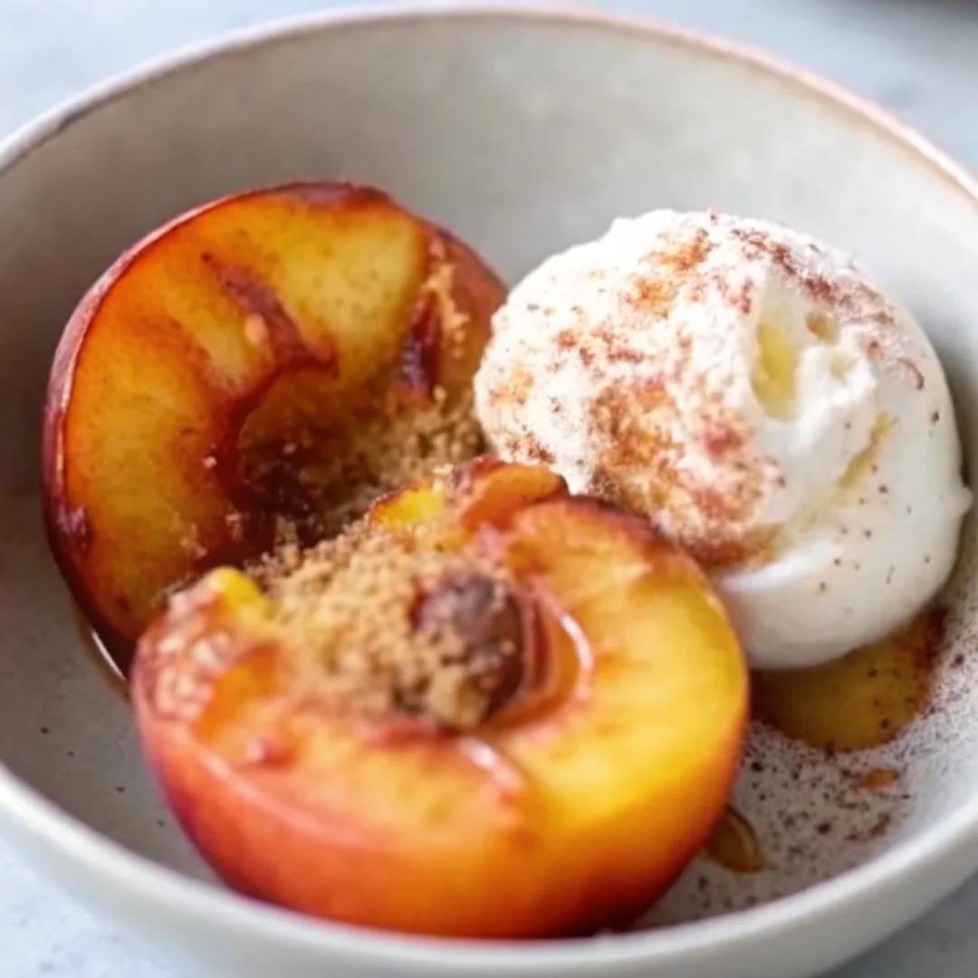 Air fryer peaches served with a scoop of vanilla ice cream, sprinkled with cinnamon and brown sugar in a ceramic bowl.