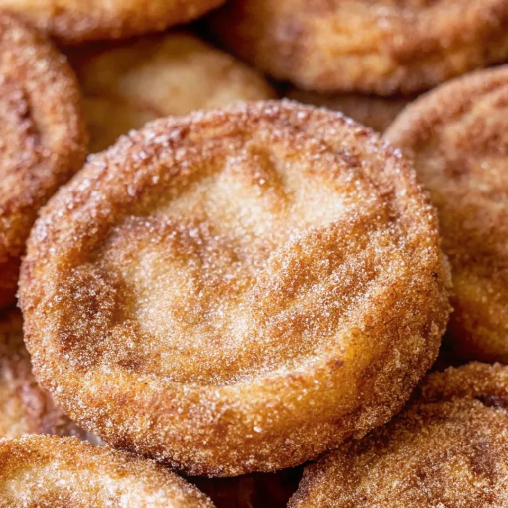 Close-up of classic snickerdoodle cookies coated in cinnamon sugar, showcasing a soft and chewy texture—perfect for cookie recipes and homemade treats.