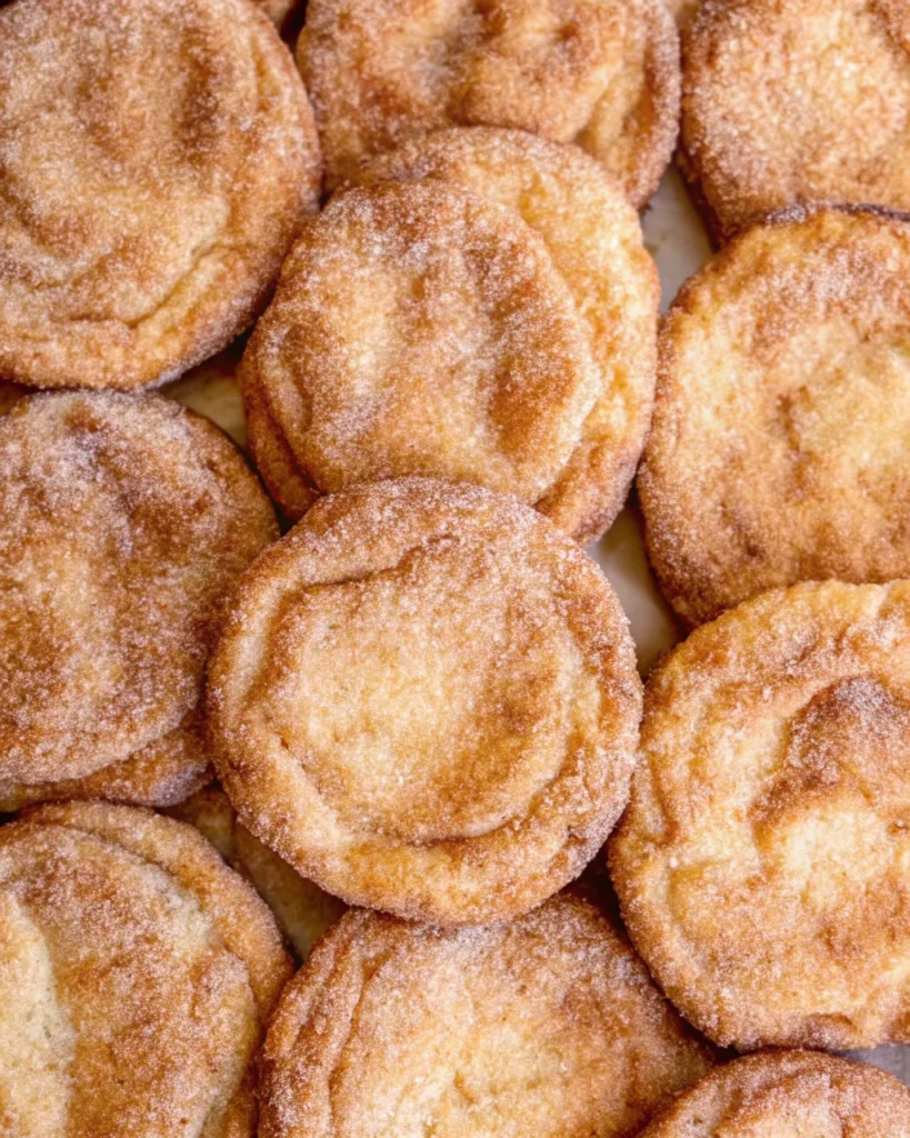 Close-up of classic snickerdoodle cookies coated in cinnamon sugar, showcasing a soft and chewy texture—perfect for cookie recipes and homemade treats.