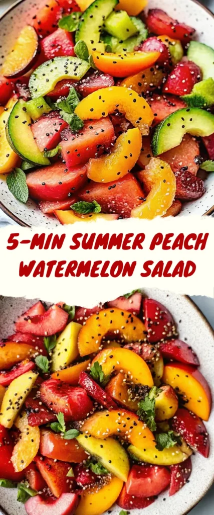 Summer eating fruit salad with fresh peaches, watermelon, cucumber, and mint garnished with sesame seeds in ceramic bowl