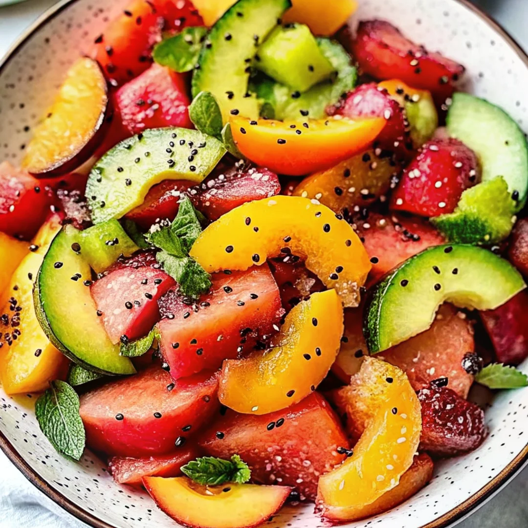 Summer eating fruit salad with fresh peaches, watermelon, cucumber, and mint garnished with sesame seeds in ceramic bowl