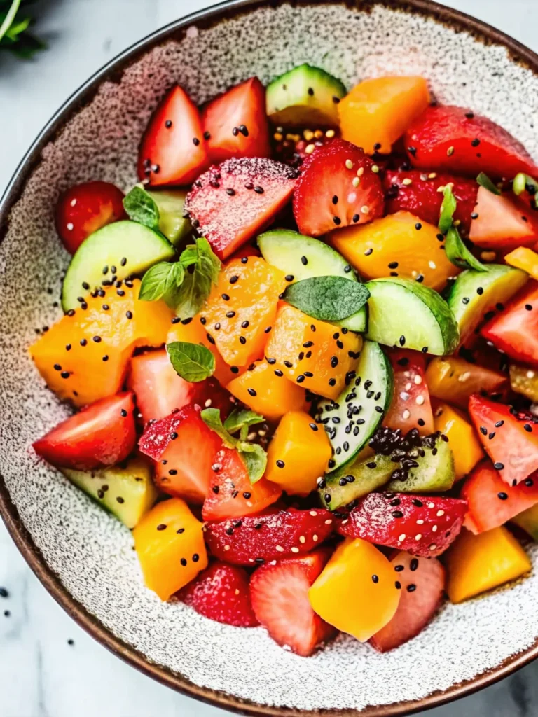 Summer eating fruit salad with fresh peaches, watermelon, cucumber, and mint garnished with sesame seeds in ceramic bowl