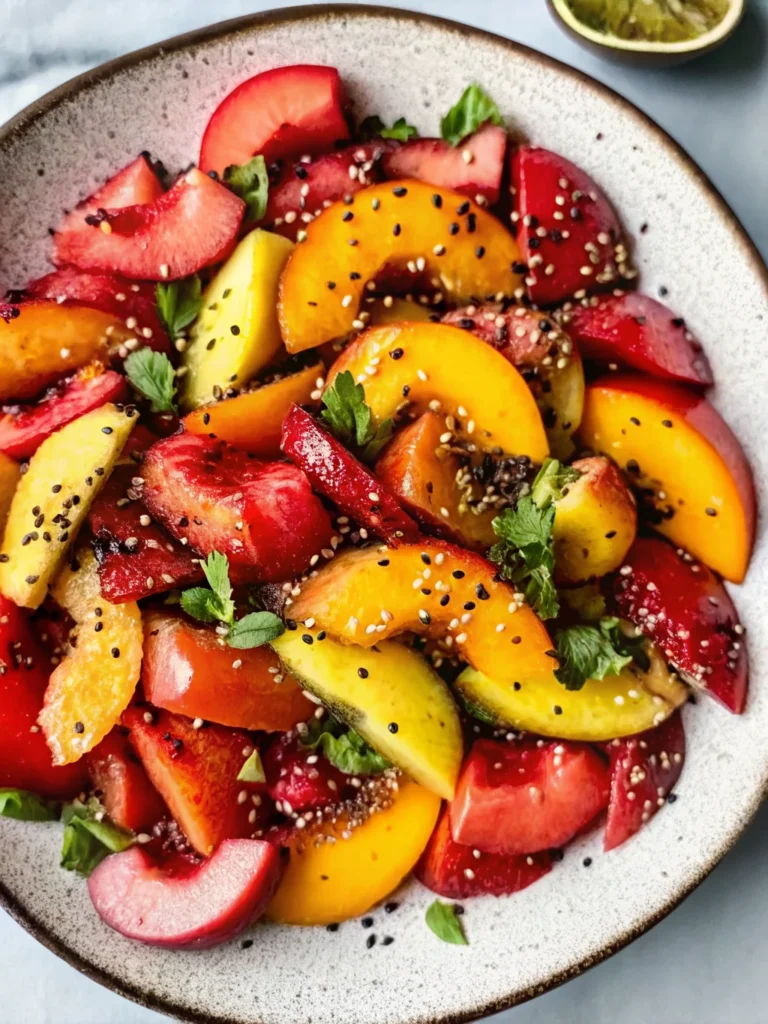 Summer eating fruit salad with fresh peaches, watermelon, cucumber, and mint garnished with sesame seeds in ceramic bowl