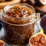 A glass jar filled with homemade fig jam, surrounded by fresh figs, showcasing the jam’s rich texture and visible fig seeds.