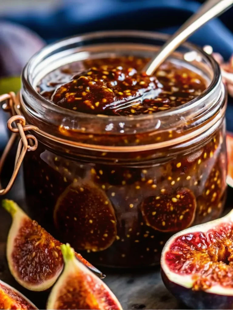 A glass jar filled with homemade fig jam, surrounded by fresh figs, showcasing the jam’s rich texture and visible fig seeds.