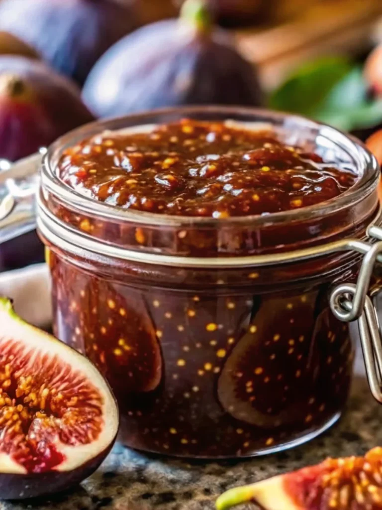 A glass jar filled with homemade fig jam, surrounded by fresh figs, showcasing the jam’s rich texture and visible fig seeds.