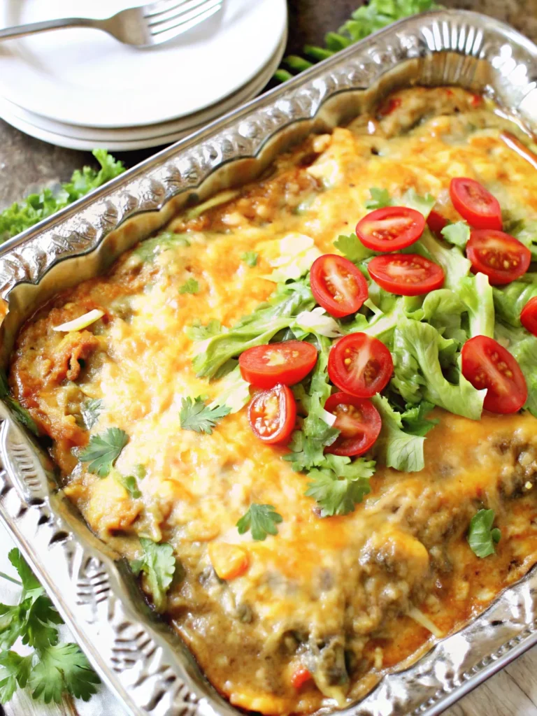 Smothered green chili burrito topped with melted cheese and sour cream, served with Mexican rice, beans, and fresh greens.