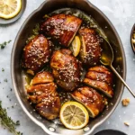 Roasted chicken thighs glazed with balsamic fig sauce, garnished with sesame seeds and lemon slices in a serving dish.