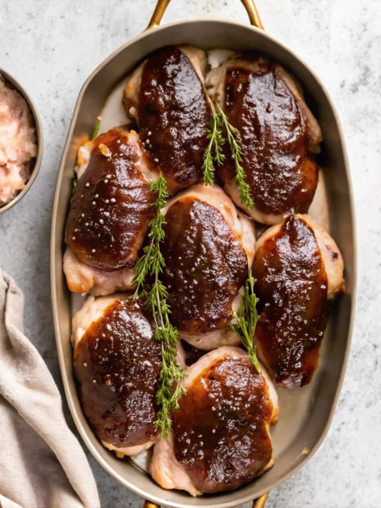 Roasted chicken thighs glazed with balsamic fig sauce, garnished with sesame seeds and lemon slices in a serving dish.