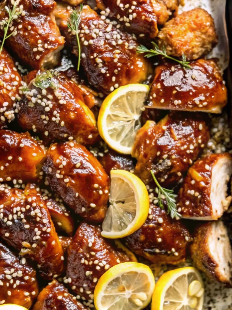 Roasted chicken thighs glazed with balsamic fig sauce, garnished with sesame seeds and lemon slices in a serving dish.