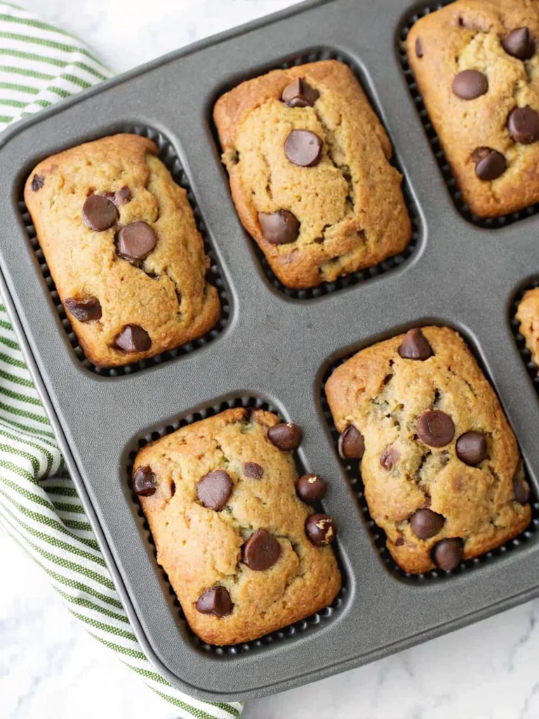Freshly baked banana bread mini loaves with chocolate chips arranged on white marble surface, perfect mini loaf pan recipes for individual servings