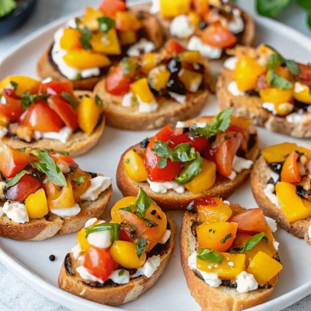 Peach bruschetta with whipped ricotta, cherry tomatoes, and fresh basil on toasted crostini, drizzled with balsamic glaze.