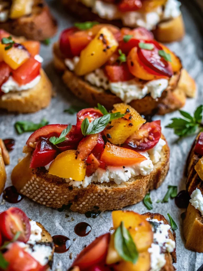 Peach bruschetta with whipped ricotta, cherry tomatoes, and fresh basil on toasted crostini, drizzled with balsamic glaze.