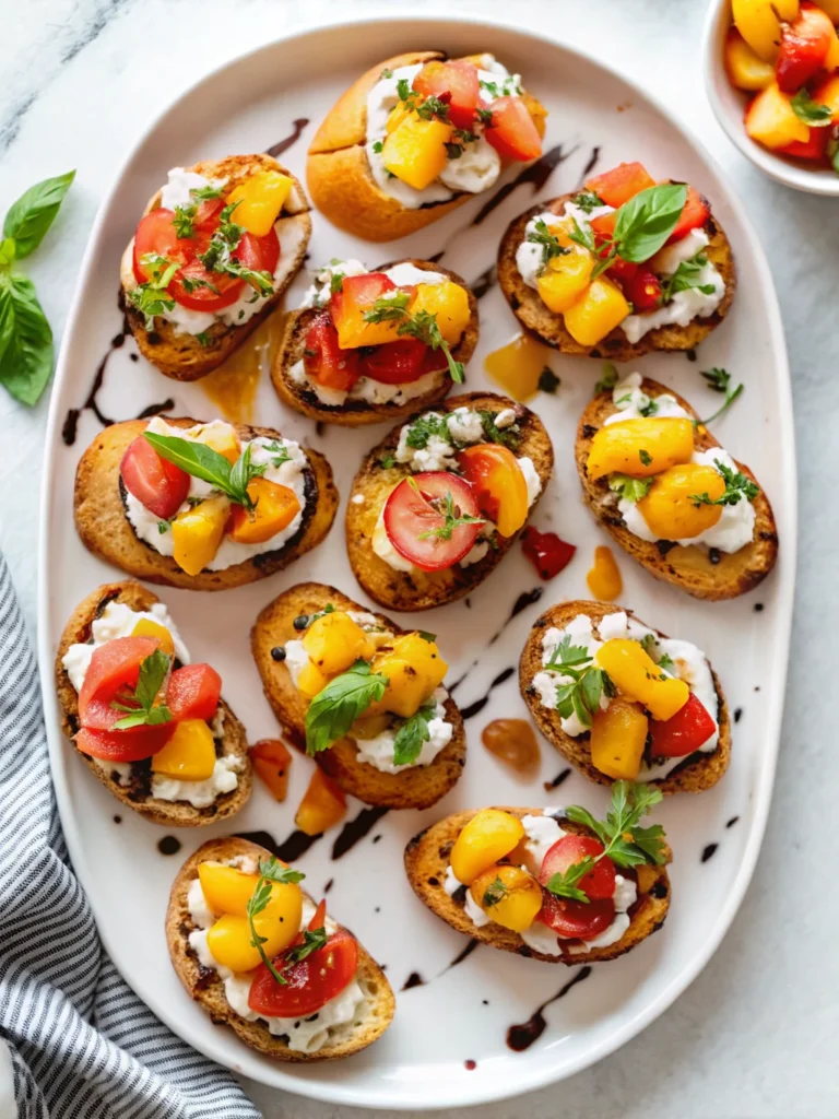 Peach bruschetta with whipped ricotta, cherry tomatoes, and fresh basil on toasted crostini, drizzled with balsamic glaze.