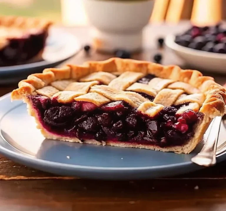 Wild huckleberry pie with golden lattice crust, filled with vibrant, juicy berries, served on a blue plate.