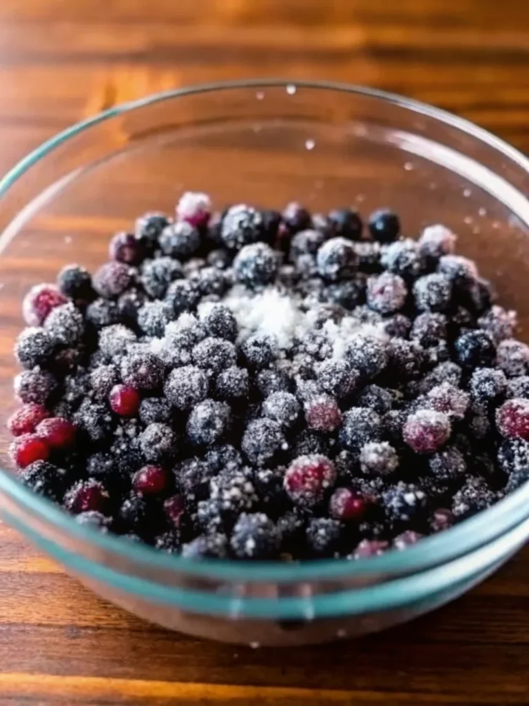 Wild huckleberry pie with golden lattice crust, filled with vibrant, juicy berries, served on a blue plate.