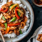 Healthy black pepper chicken stir-fry with colorful bell peppers served over white rice - perfect dinner ideas healthy clean eating meal