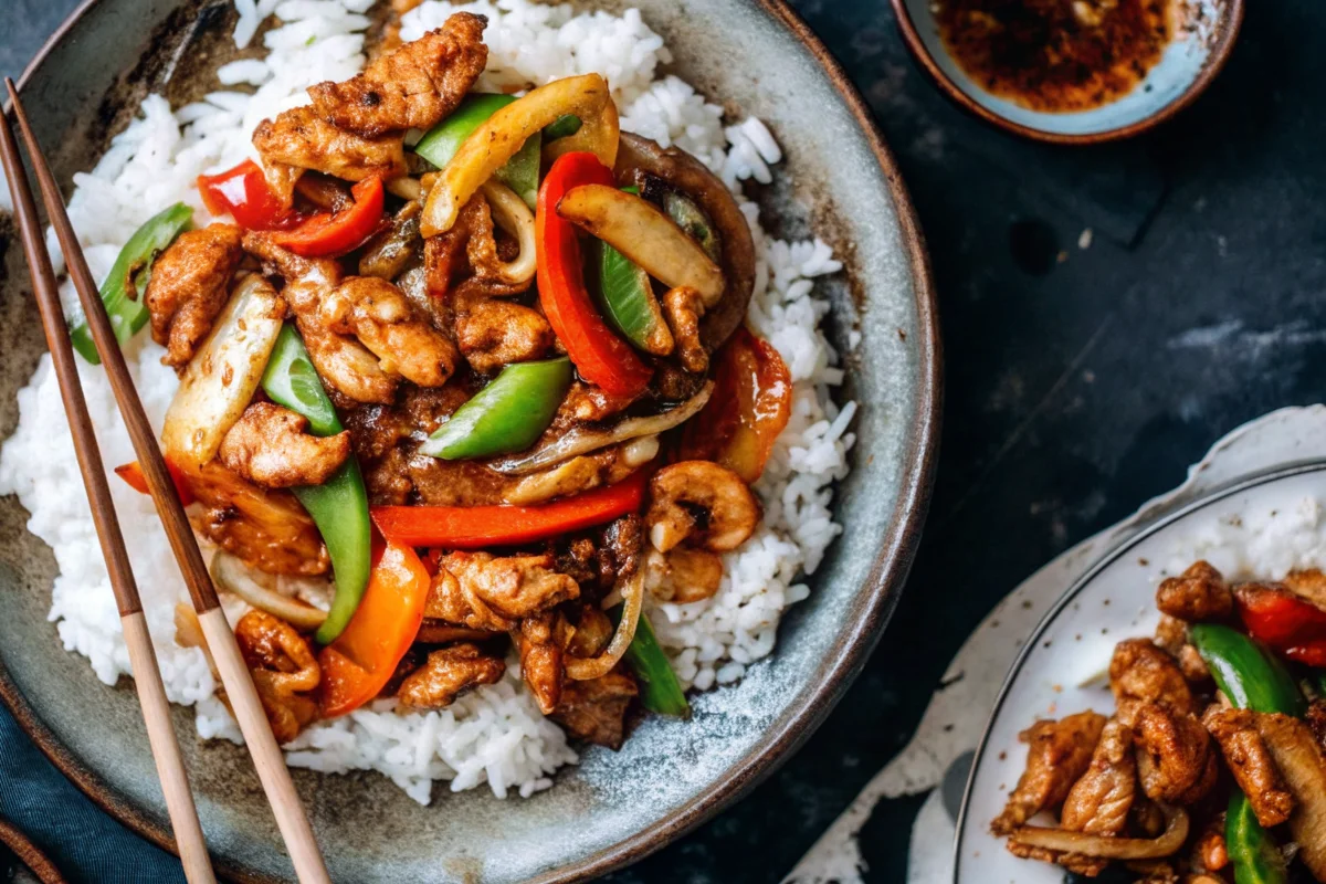 Healthy black pepper chicken stir-fry with colorful bell peppers served over white rice - perfect dinner ideas healthy clean eating meal