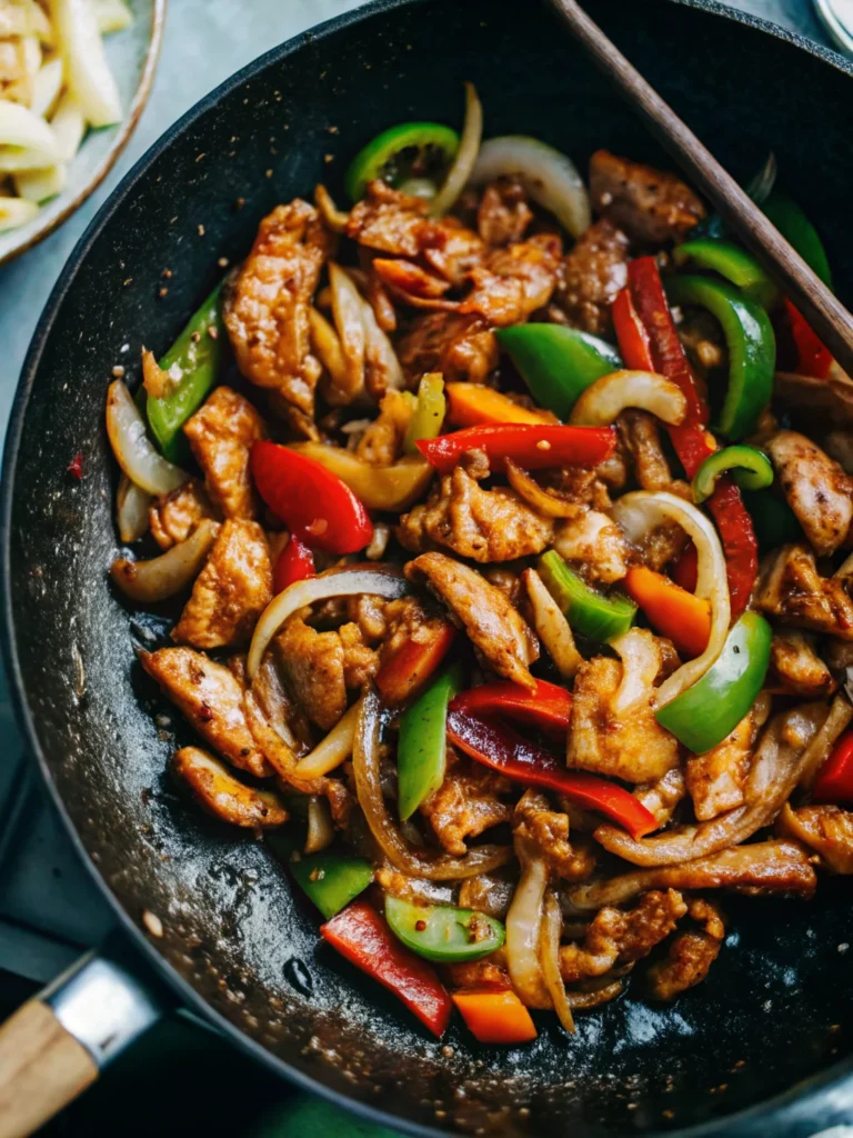 Healthy black pepper chicken stir-fry with colorful bell peppers served over white rice - perfect dinner ideas healthy clean eating meal