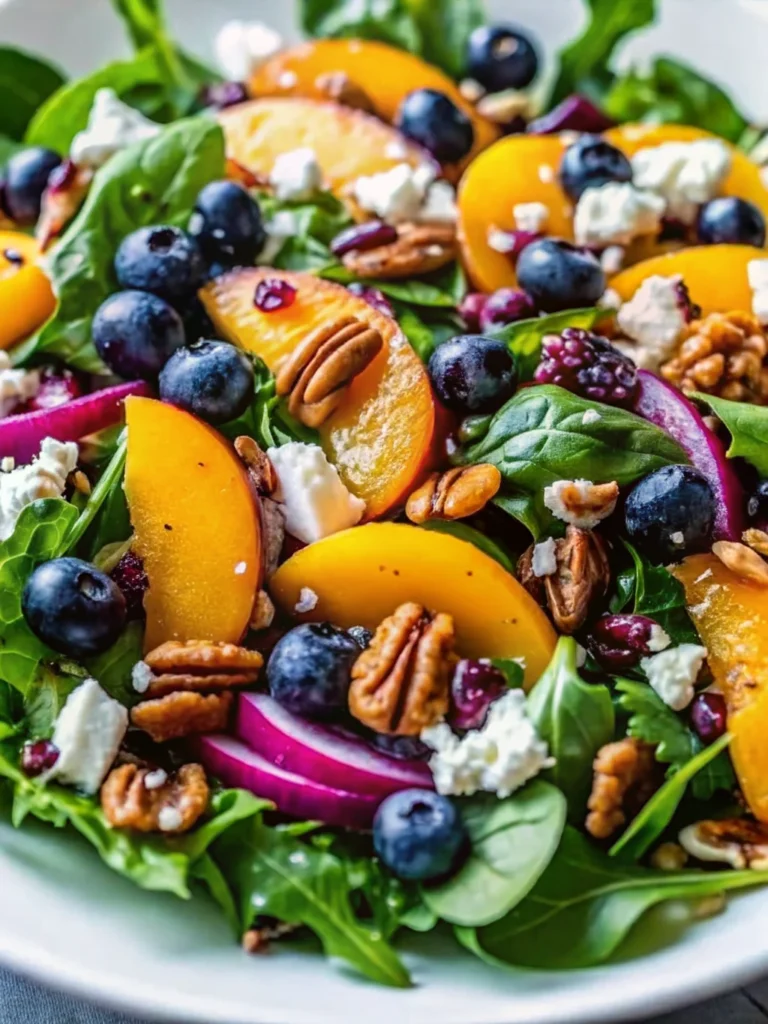 Colorful blueberry peach feta salad with arugula, pecans, walnuts, and goat cheese crumbles.