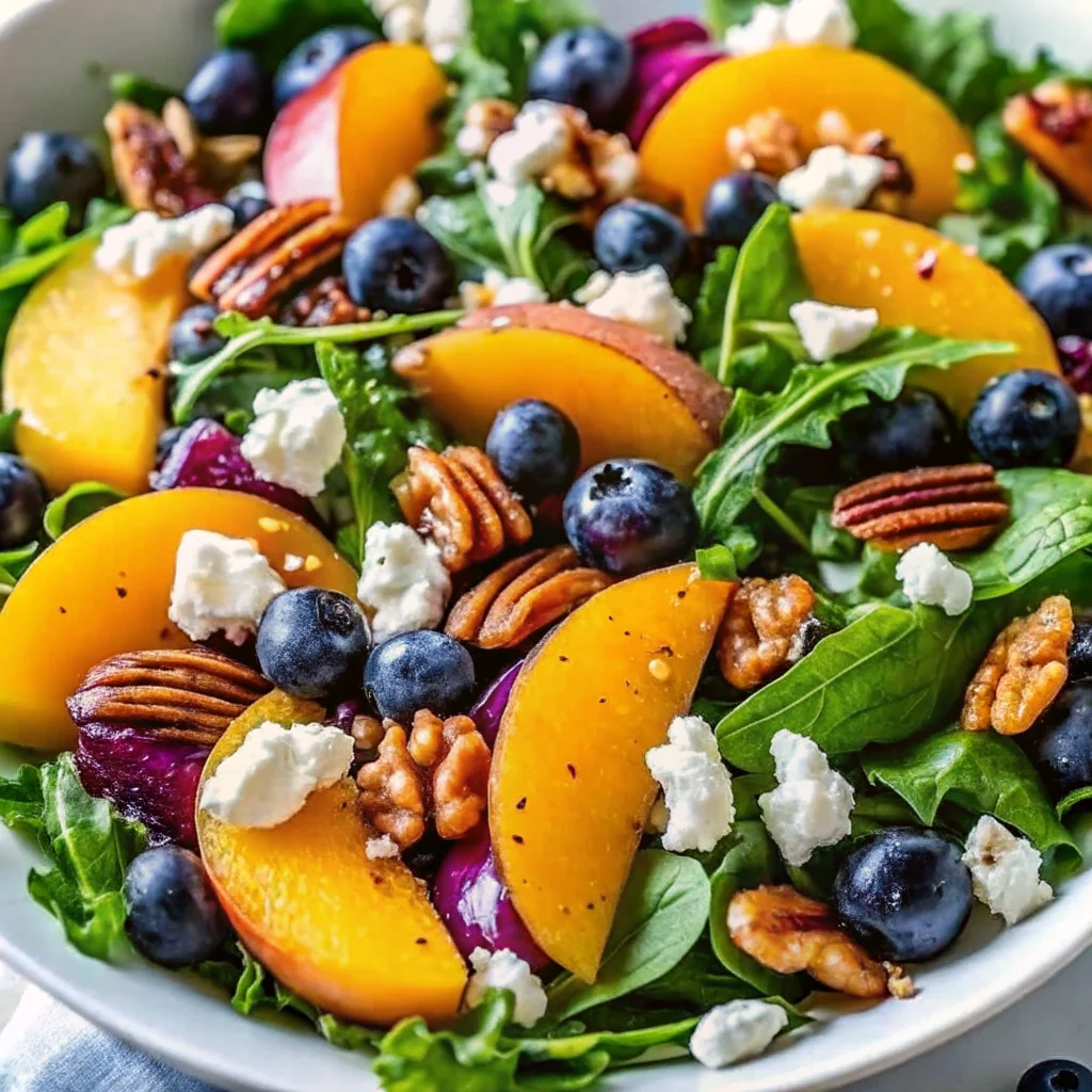 Colorful blueberry peach feta salad with arugula, pecans, walnuts, and goat cheese crumbles.