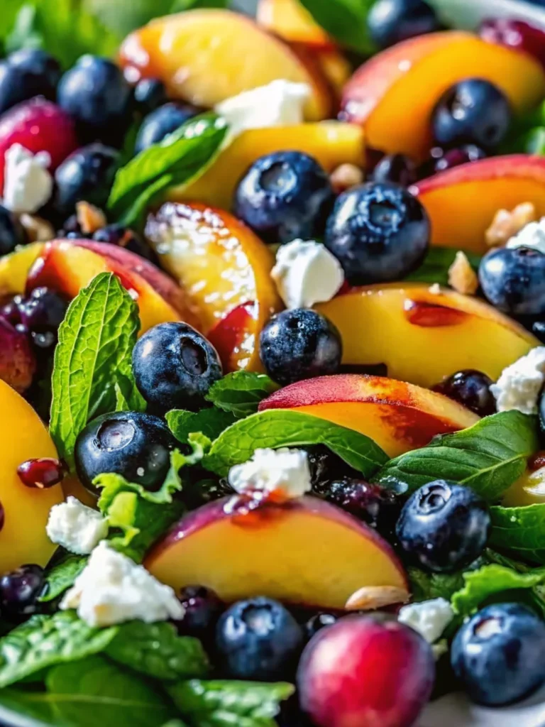 Colorful blueberry peach feta salad with arugula, pecans, walnuts, and goat cheese crumbles.