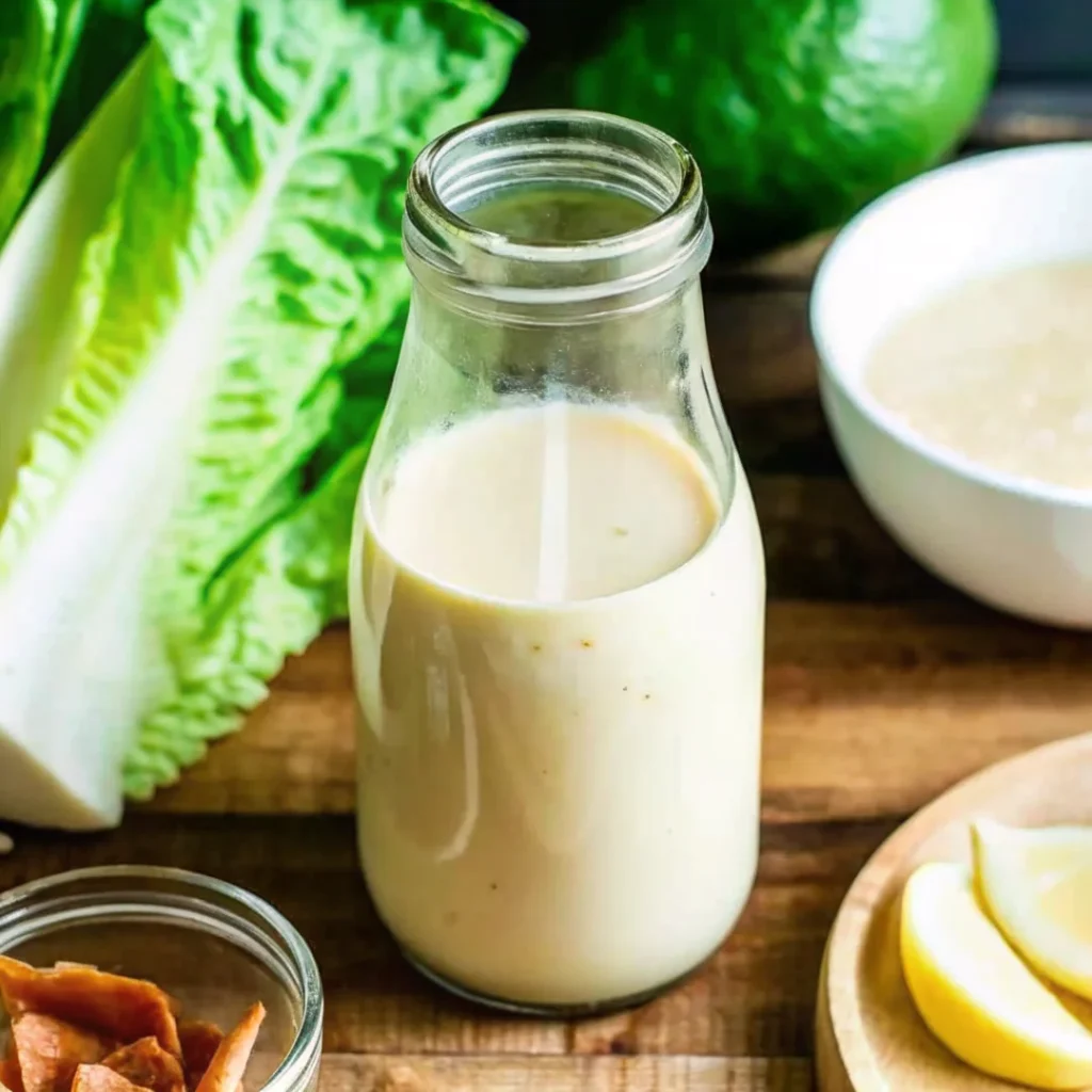 A glass bottle filled with creamy Caesar salad dressing surrounded by fresh romaine lettuce leaves, lemon wedges, and a small jar of crispy croutons on a wooden surface.