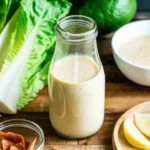 A glass bottle filled with creamy Caesar salad dressing surrounded by fresh romaine lettuce leaves, lemon wedges, and a small jar of crispy croutons on a wooden surface.