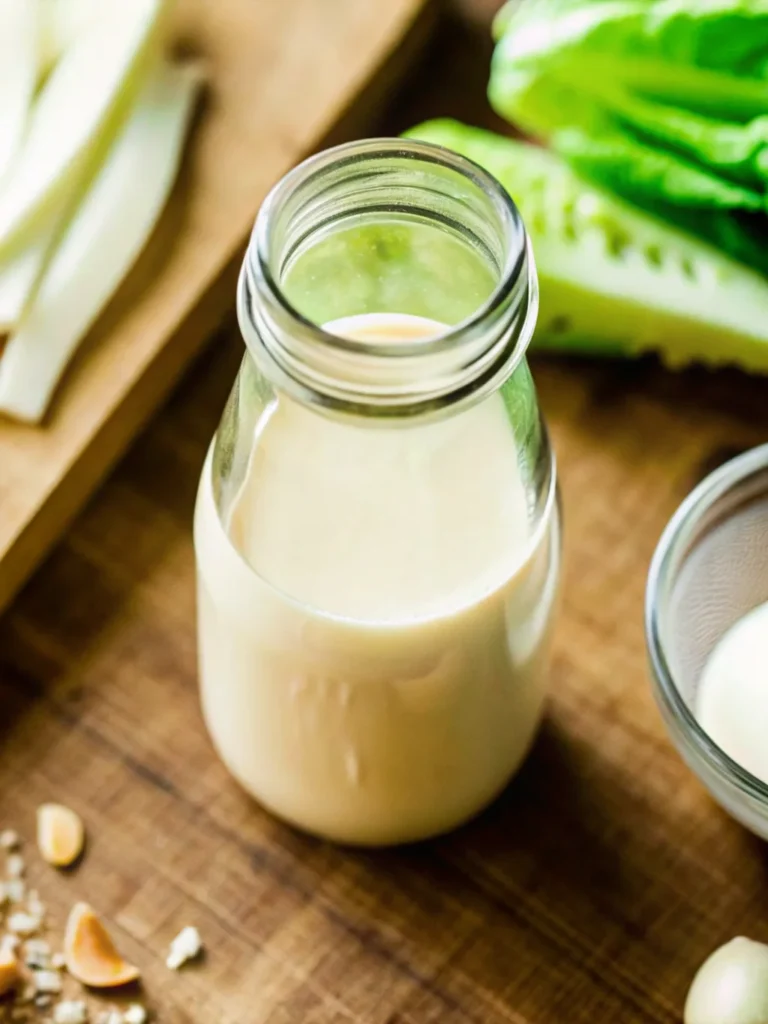 A glass bottle filled with creamy Caesar salad dressing surrounded by fresh romaine lettuce leaves, lemon wedges, and a small jar of crispy croutons on a wooden surface.