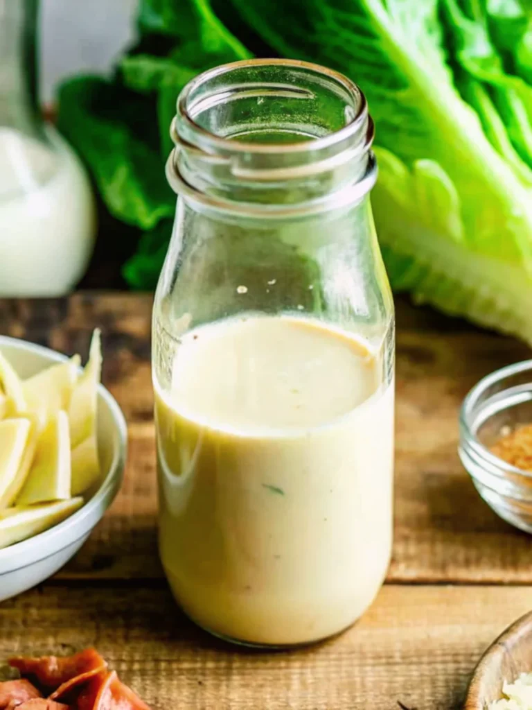 A glass bottle filled with creamy Caesar salad dressing surrounded by fresh romaine lettuce leaves, lemon wedges, and a small jar of crispy croutons on a wooden surface.