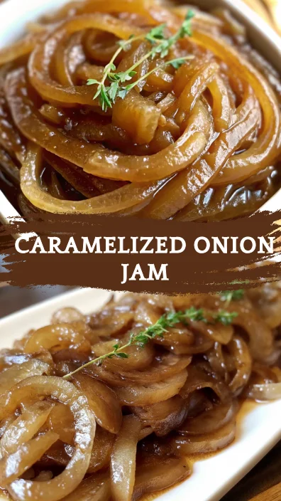 Caramelized onions served with fresh thyme on a white plate, showcasing their glossy texture and deep brown color.
