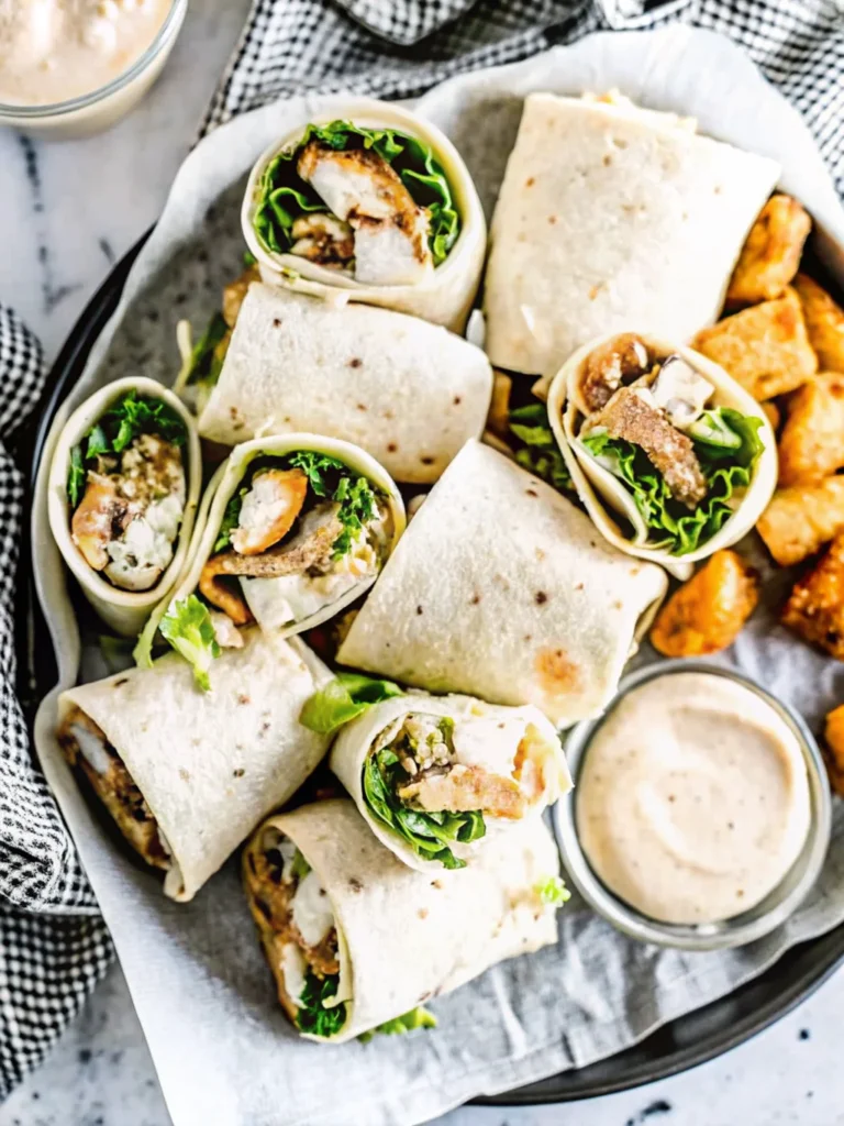 Chicken Caesar Wrap bursting with grilled chicken, crisp romaine lettuce, crunchy croutons, and creamy Caesar dressing, wrapped in a soft tortilla—perfect for fresh spring meals.