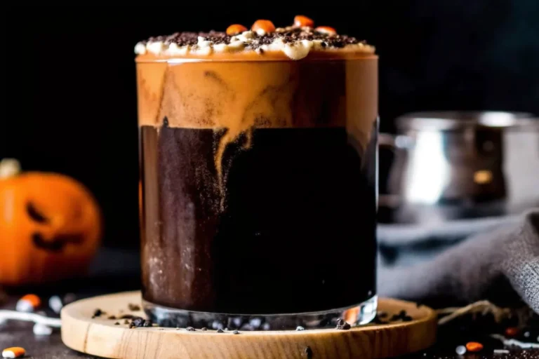 A close-up of a glass of cold brew coffee topped with creamy pumpkin spice cold foam, decorated with colorful Halloween sprinkles, showcasing the perfect fall-inspired beverage.