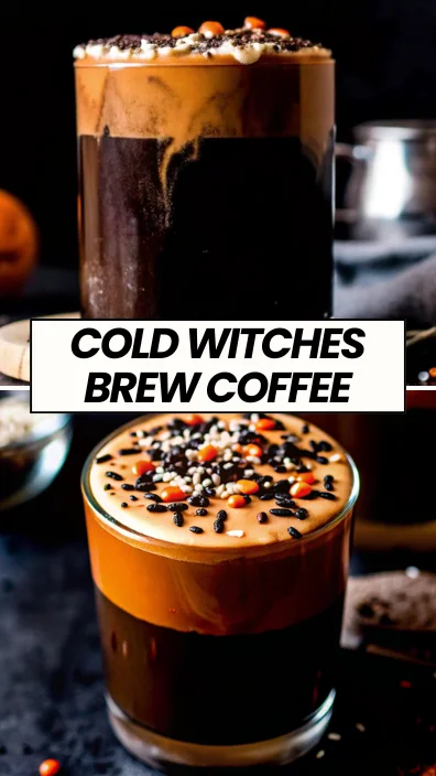 A close-up of a glass of cold brew coffee topped with creamy pumpkin spice cold foam, decorated with colorful Halloween sprinkles, showcasing the perfect fall-inspired beverage.