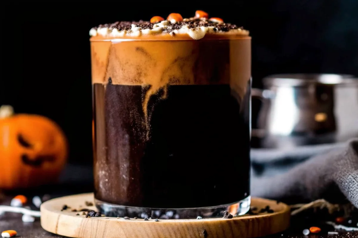 A close-up of a glass of cold brew coffee topped with creamy pumpkin spice cold foam, decorated with colorful Halloween sprinkles, showcasing the perfect fall-inspired beverage.