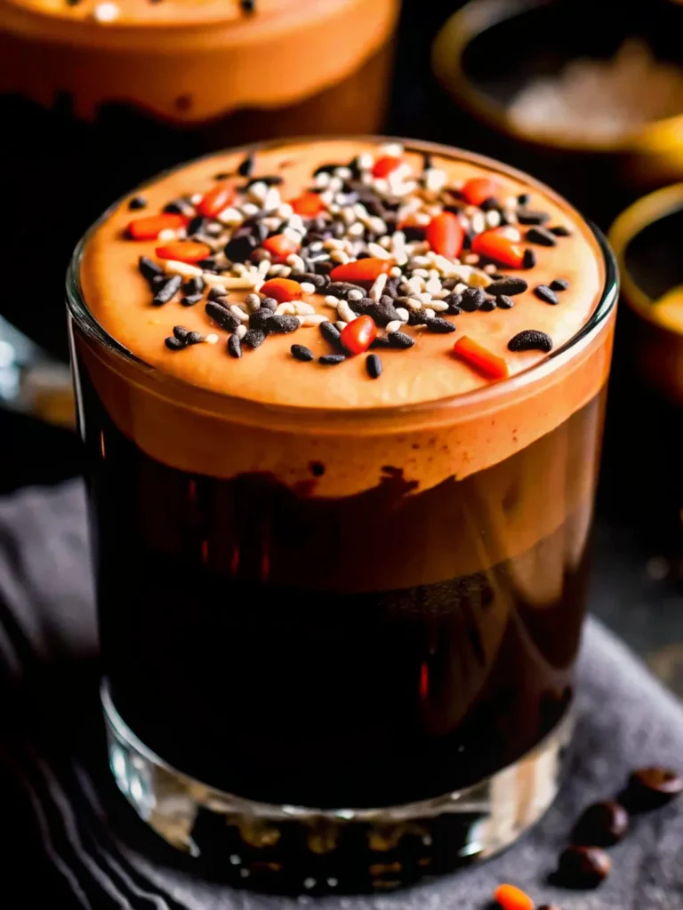 A close-up of a glass of cold brew coffee topped with creamy pumpkin spice cold foam, decorated with colorful Halloween sprinkles, showcasing the perfect fall-inspired beverage.