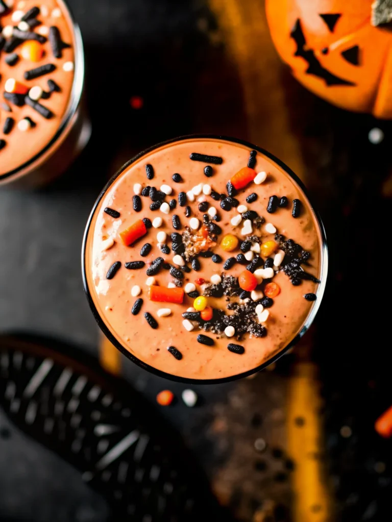 A close-up of a glass of cold brew coffee topped with creamy pumpkin spice cold foam, decorated with colorful Halloween sprinkles, showcasing the perfect fall-inspired beverage.