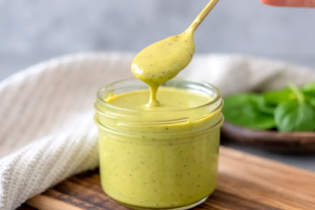 A spoon drizzling creamy balsamic basil vinaigrette into a small mason jar on a wooden surface, with fresh basil leaves in the background.