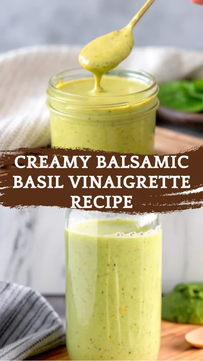 A spoon drizzling creamy balsamic basil vinaigrette into a small mason jar on a wooden surface, with fresh basil leaves in the background.
