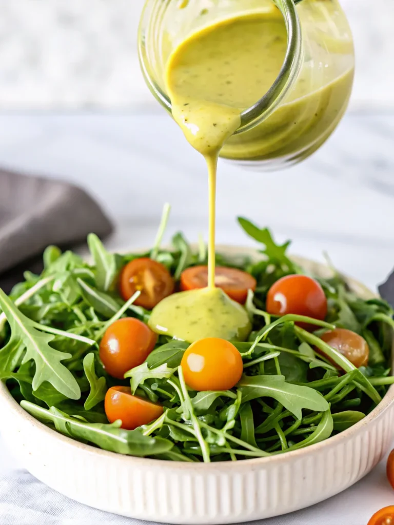 A spoon drizzling creamy balsamic basil vinaigrette into a small mason jar on a wooden surface, with fresh basil leaves in the background.