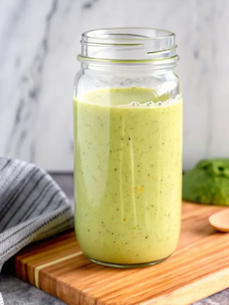 A spoon drizzling creamy balsamic basil vinaigrette into a small mason jar on a wooden surface, with fresh basil leaves in the background.