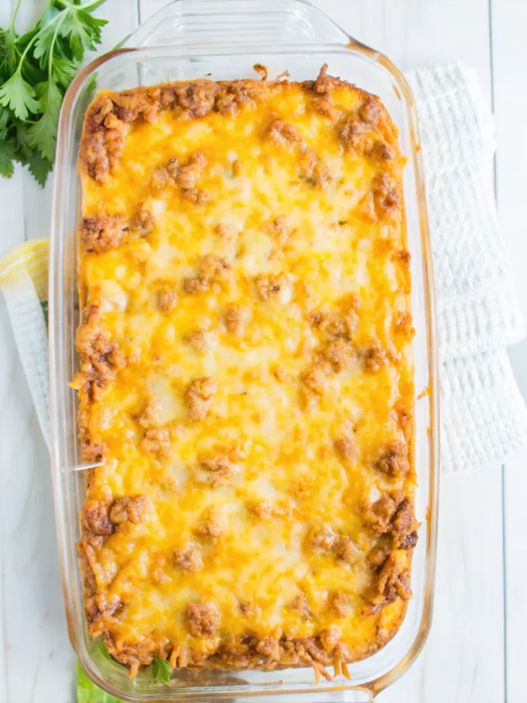Golden, cheesy burrito bake cut into six squares inside a clear glass baking dish. The dish features a crispy crescent dough crust, savory beef and bean filling, and a bubbly melted cheese topping.