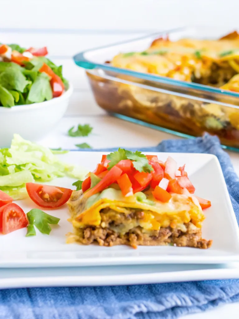 Golden, cheesy burrito bake cut into six squares inside a clear glass baking dish. The dish features a crispy crescent dough crust, savory beef and bean filling, and a bubbly melted cheese topping.