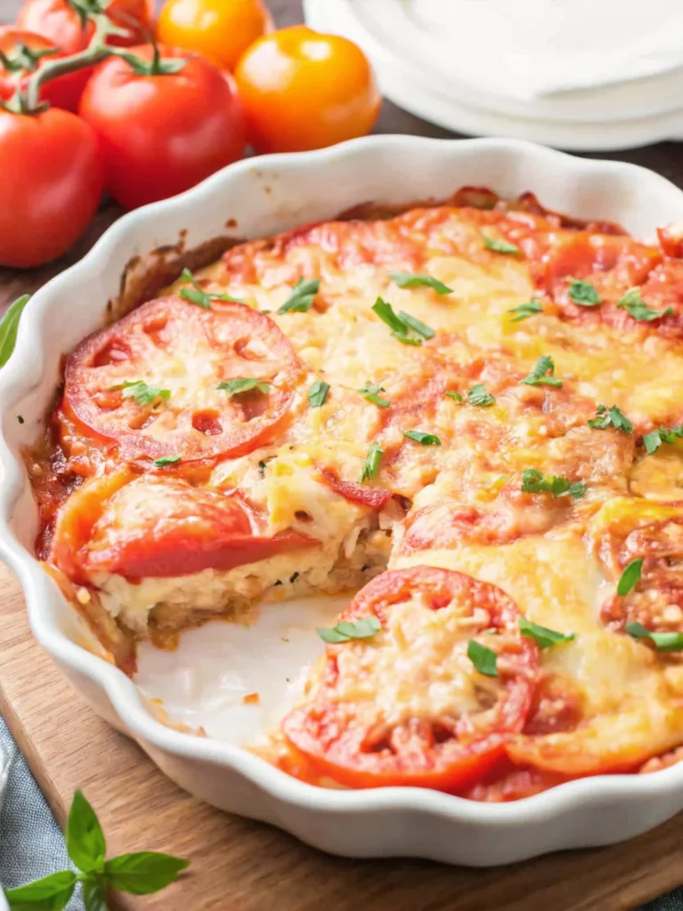 Crustless tomato pie topped with melted mozzarella cheese and fresh basil in a white pie dish, featuring layered slices of ripe tomatoes and a golden, bubbly finish.