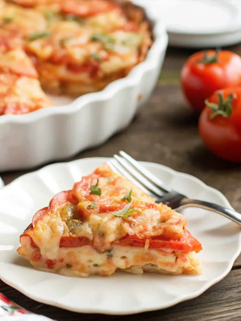 Crustless tomato pie topped with melted mozzarella cheese and fresh basil in a white pie dish, featuring layered slices of ripe tomatoes and a golden, bubbly finish.