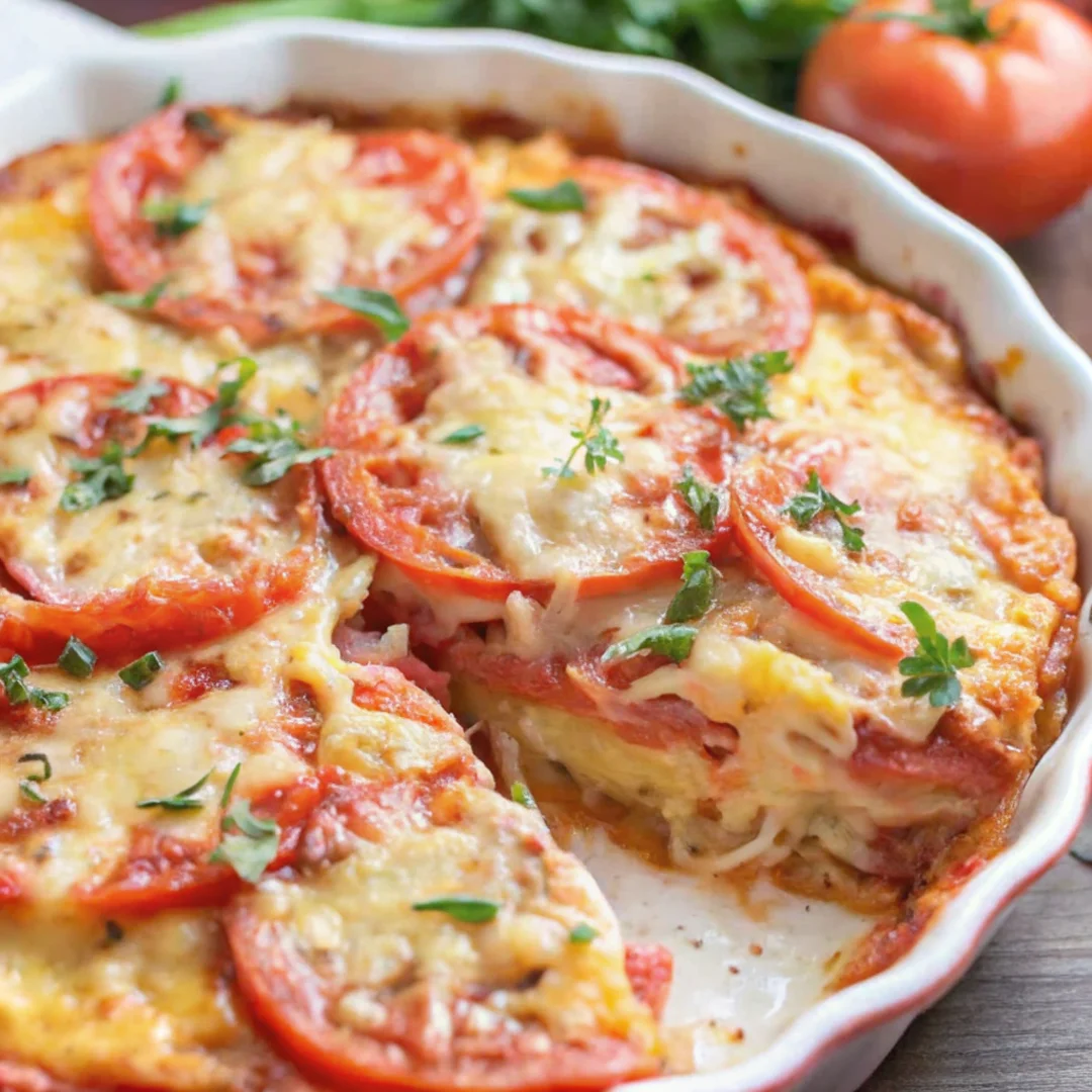 Crustless tomato pie topped with melted mozzarella cheese and fresh basil in a white pie dish, featuring layered slices of ripe tomatoes and a golden, bubbly finish.